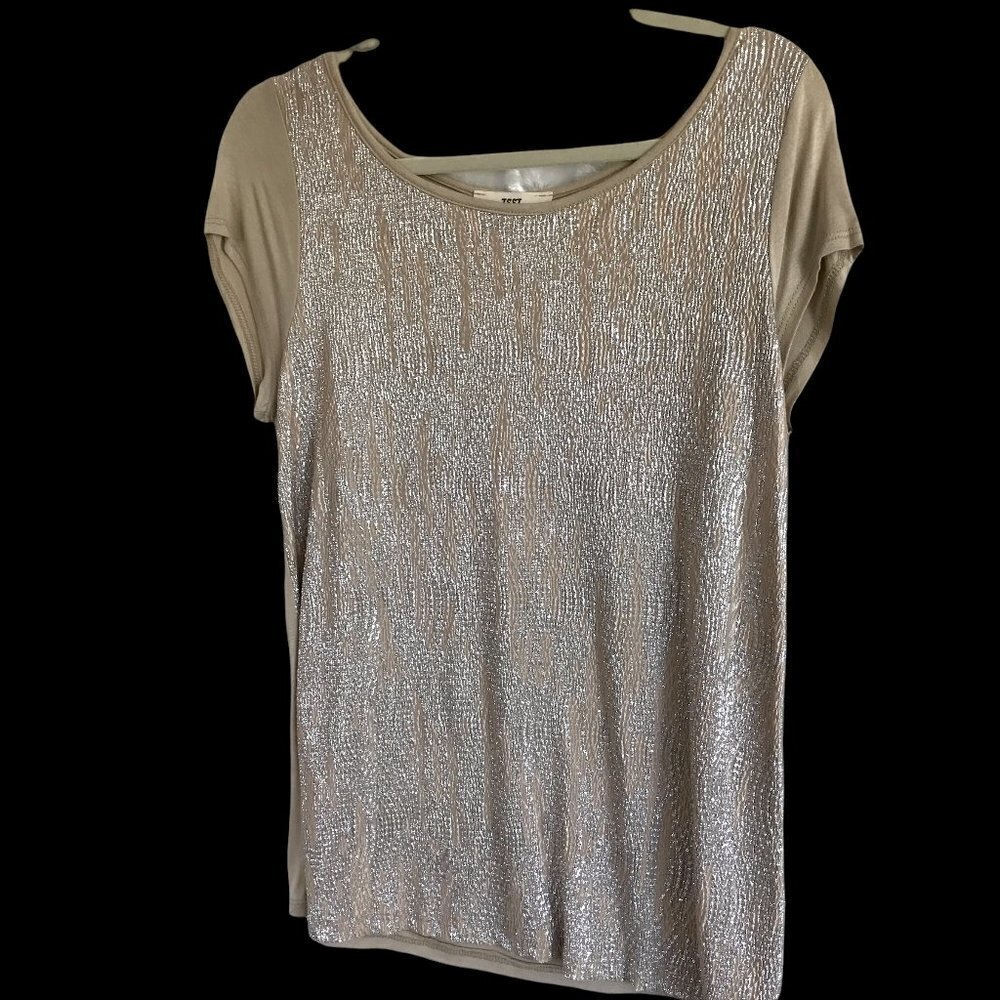 ISSI Dressy Blouse Silver Metallic Embellished Sleeveless Size Medium in Taupe